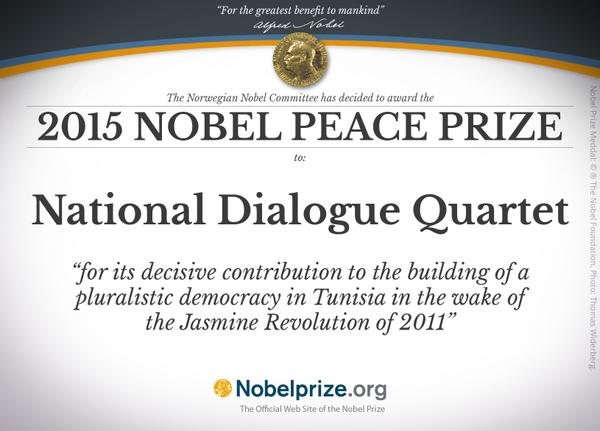 Premio Nobel per la Pace 2015: vince il Quartetto per il dialogo tunisino